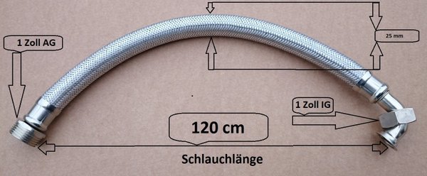 120 cm Edelstahl Flexschlauch DN20 1 Zoll Anschluß Bogen