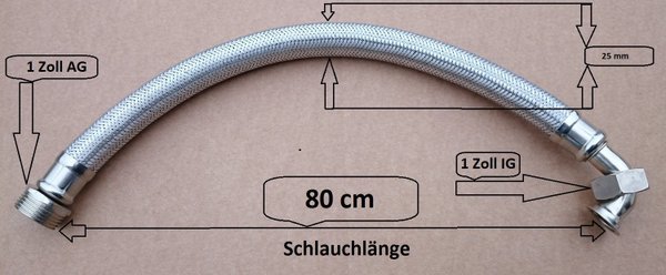 80 cm Edelstahl Flexschlauch DN20 mit 1 Zoll Anschluß Bogen