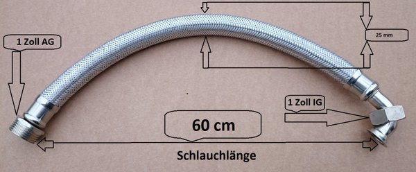 60 cm Edelstahl Flexschlauch DN20 1 Zoll Anschluß Bogen