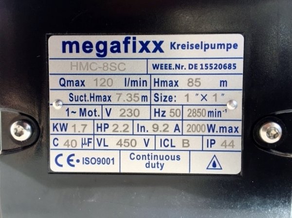 Mehrstufige Kreiselpumpe megafixx HMC8SC 1700 Watt 8 INOX Laufräder max 8,5 BAR