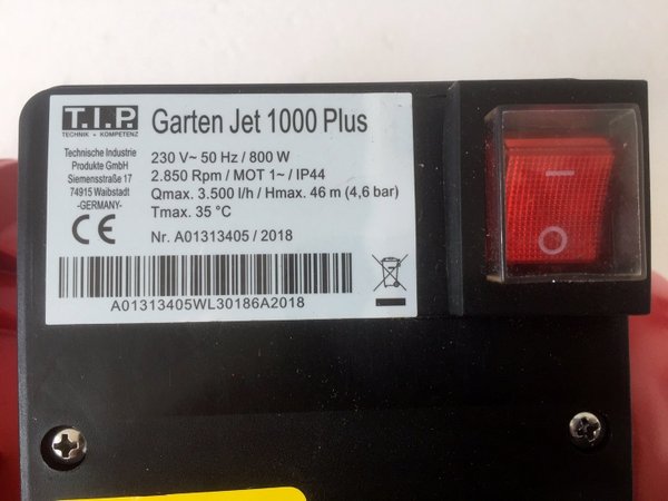 T.I.P. 30186 Gartenpumpe Jet 1000 Plus Pumpe 800 Watt 4,6 BAR 3500 L/h